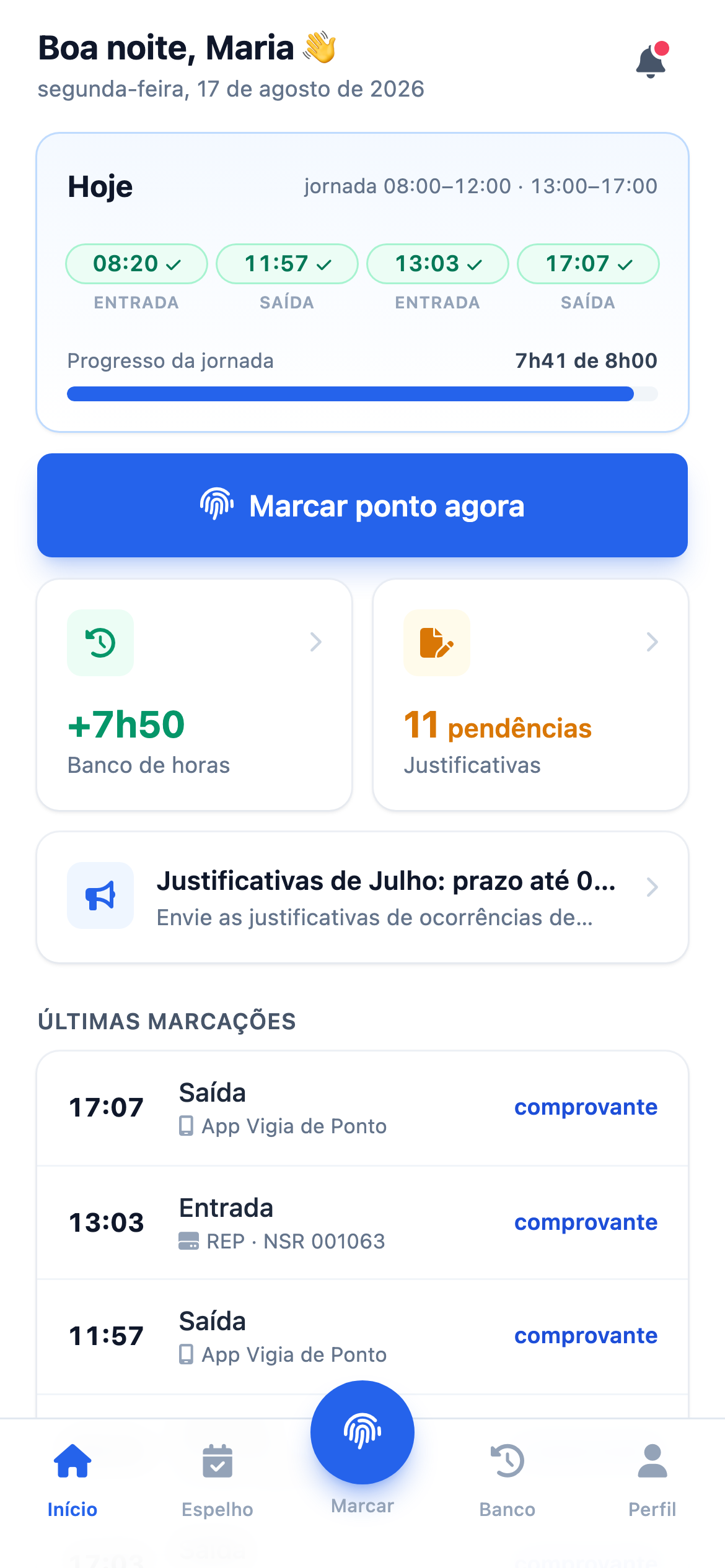 Tela inicial do app do servidor: batidas do dia, progresso da jornada, botão Marcar ponto agora e saldo do banco de horas.